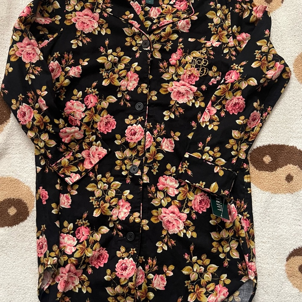 Ralph Lauren Black Shirt with Pink Rose Med NWT